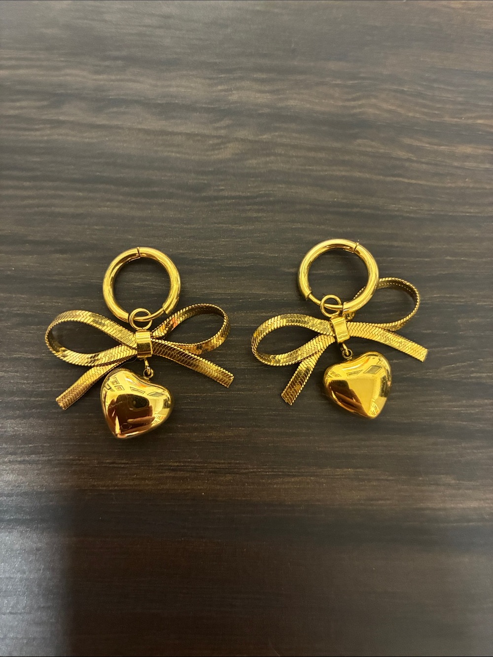 Gold Bow and Heart Drop Earrings for Women
